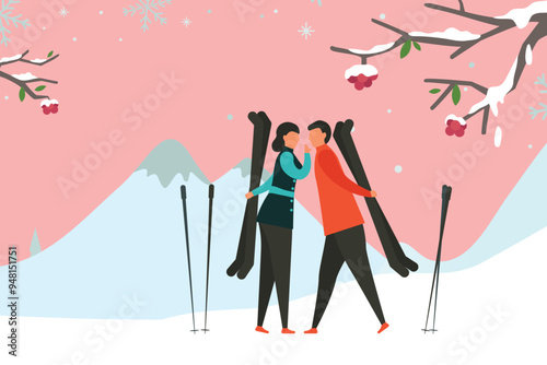 Boy and girl holding ice skiing board.