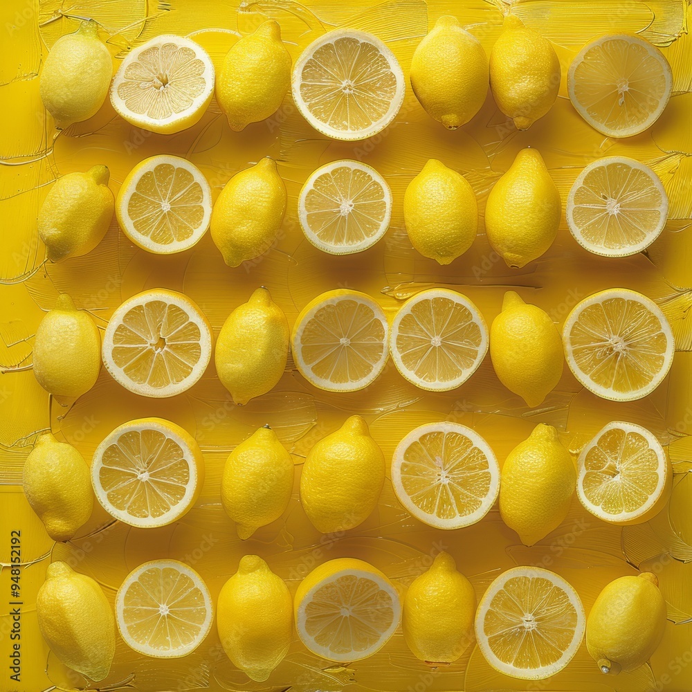 Lemon background with a symmetrical arrangement of lemon slices and whole lemons Lemon background with a symmetrical arrangement of lemon slices and whole lemons