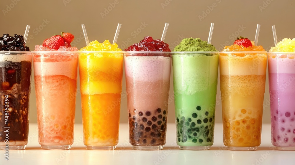 A variety of bubble tea flavors arranged in a row, from matcha to taro to strawberry. A variety of bubble tea flavors arranged in a row, from matcha to taro to strawberry.
