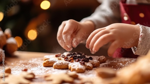 Hand of child working on raisin and genger bread cookie