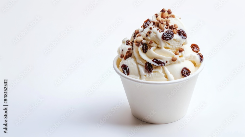 Ice cream decorated with raisin grains