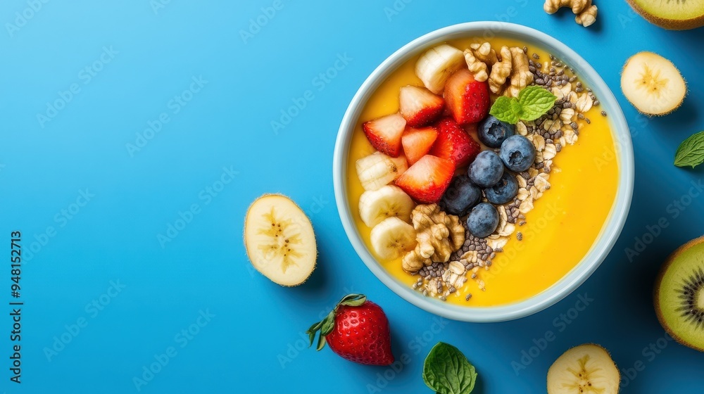 Vibrant fruit bowl with mango, banana, and berries, garnished with nuts and mint, perfect for a healthy breakfast. Vibrant fruit bowl with mango, banana, and berries, garnished with nuts and mint, perfect for a healthy breakfast.