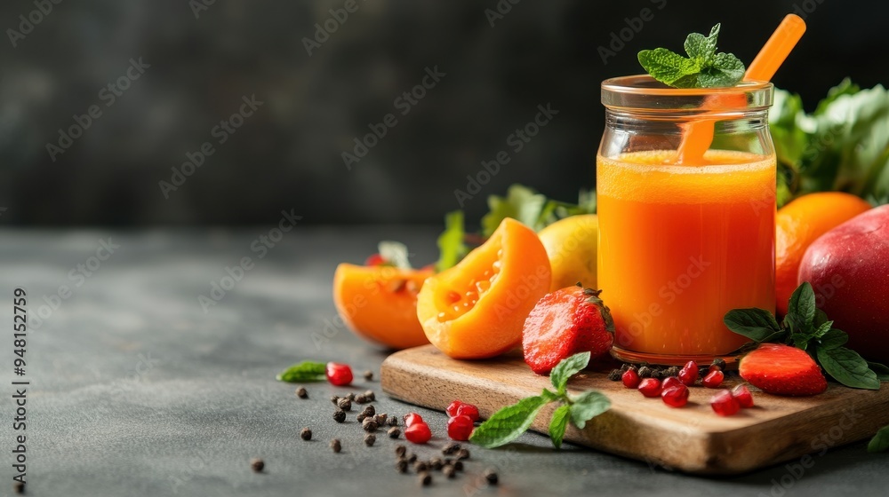 Vibrant fruit smoothie in a jar, surrounded by fresh fruits and mint, perfect for a healthy lifestyle and refreshing drink ideas. Vibrant fruit smoothie in a jar, surrounded by fresh fruits and mint, perfect for a healthy lifestyle and refreshing drink ideas.