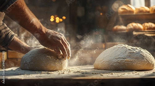 Artisan Baker Kneading Dough with Flour Dusting in Rustic Bakery