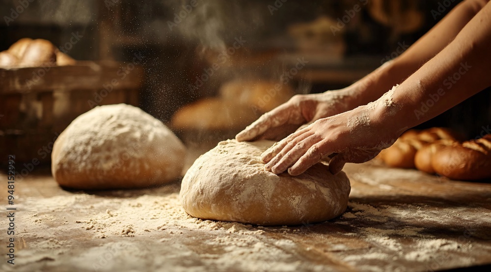 Artisan Baker Kneading Dough with Flour Dusting in Rustic Bakery Artisan Baker Kneading Dough with Flour Dusting in Rustic Bakery