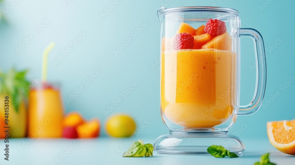 Fototapeta premium Vibrant smoothie in a glass blender, featuring fresh fruits like mango and raspberries, perfect for a refreshing drink.