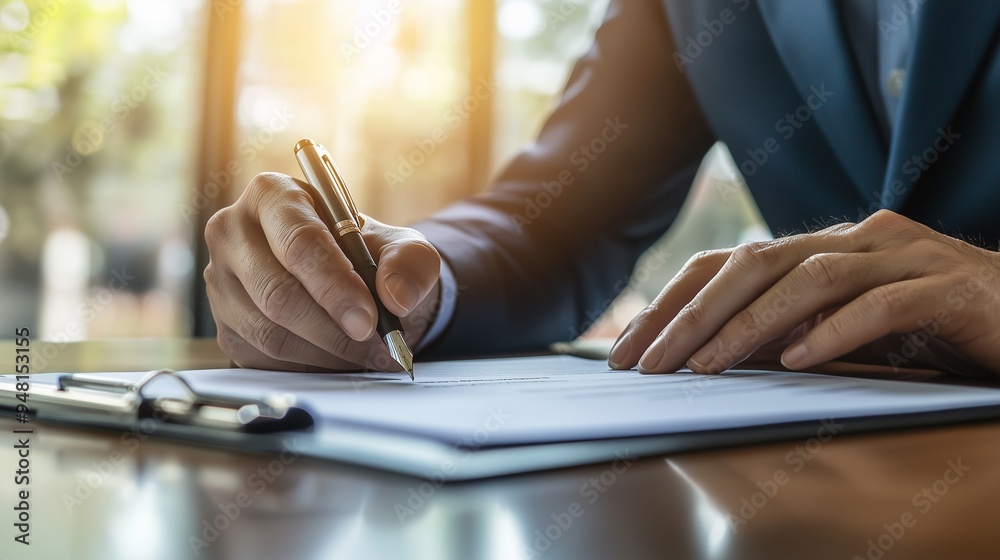 Crop shot of person with pen signing contract at desk in daylight. Crop shot of person with pen signing contract at desk in daylight.