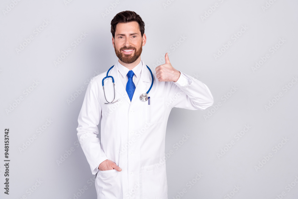 Photo of professional qualified doctor show thumb up wear white coat isolated on grey color background Photo of professional qualified doctor show thumb up wear white coat isolated on grey color background