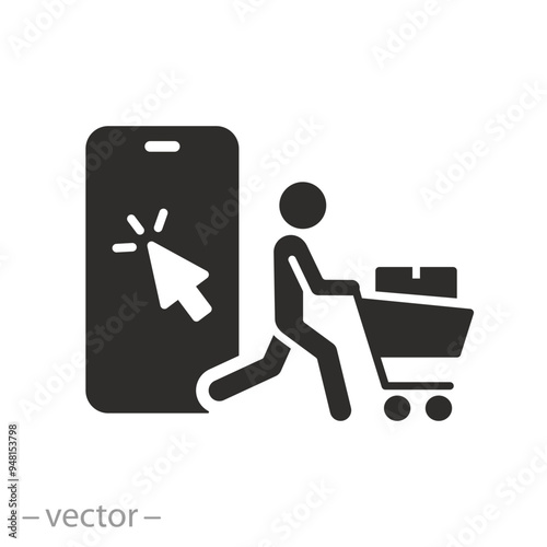 click with collect order icon, ecommerce, online shipping, phone and consumer, pick and receive cart with box, flat vector illustration