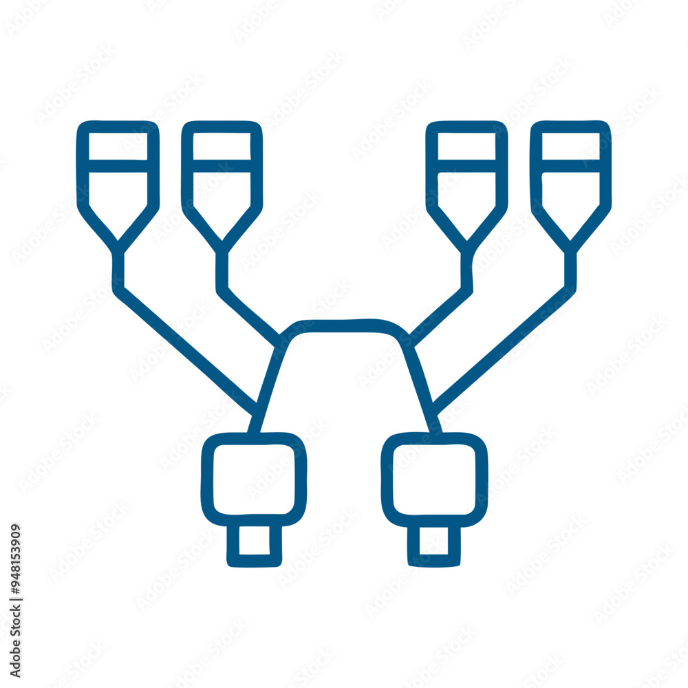 Ethernet Splitter Icon in Simple Blue Line Art on White Background