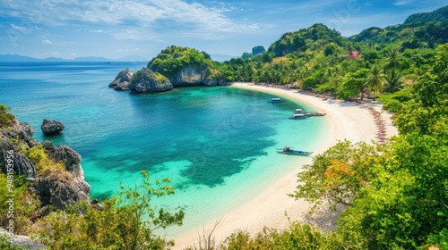 Beautiful Southeast Asian coastline with crystal-clear water and white sand beaches, tropical paradise