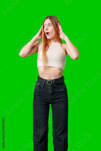 Young Woman With Surprised Expression in Front of Green Screen