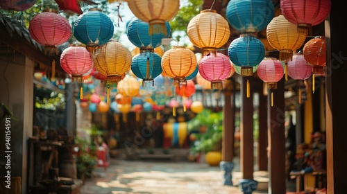 Colorful Southeast Asian lanterns hanging in a temple courtyard, festive atmosphere, no people