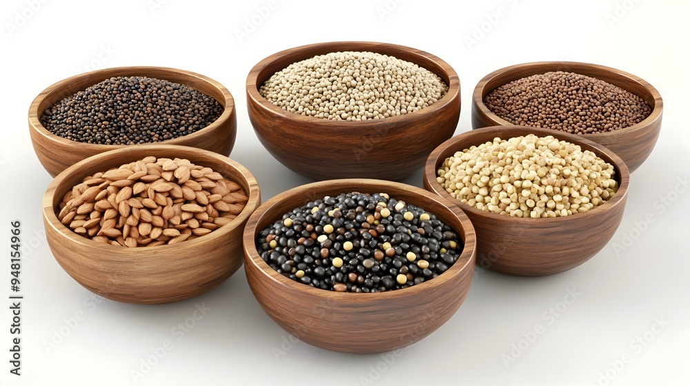 Assorted Organic Grains Artfully Arranged in Wooden Bowls,3D Assorted Organic Grains Artfully Arranged in Wooden Bowls,3D