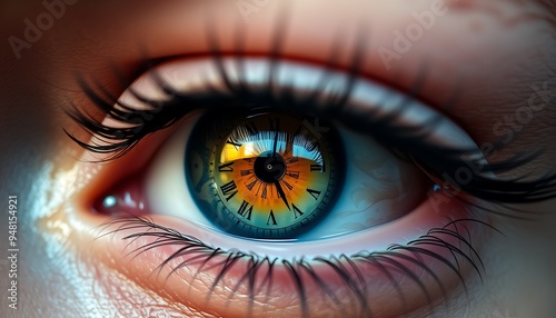 A close-up of a human eye with a clock face inside the iris, symbolizing the passage of time. photo