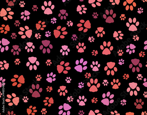 Seamless reaping colorful dogs paws pattern on black background. children's texture with cute dogs. simple pet dogs vector illustration