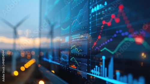 A wind turbine with graphs and charts on the screen behind it, representing green energy market data in an urban setting. 
