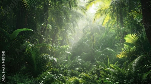 Lush Southeast Asian jungle with dense foliage and misty atmosphere, peaceful and serene