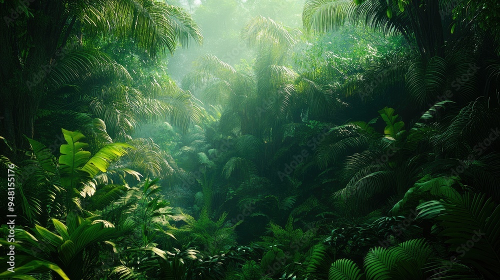 Lush Southeast Asian jungle with dense trees and ferns, mysterious and untouched nature Lush Southeast Asian jungle with dense trees and ferns, mysterious and untouched nature