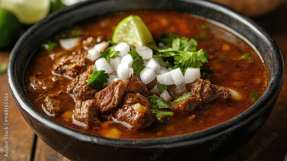A bowl of rich, flavorful Birria broth with tender chunks of meat, garnished with onions, cilantro, and lime. A bowl of rich, flavorful Birria broth with tender chunks of meat, garnished with onions, cilantro, and lime.