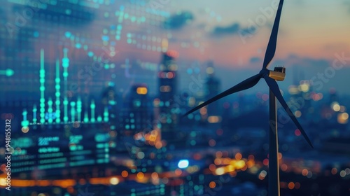 A wind turbine with graphs and charts on the screen behind it, representing green energy market data in an urban setting. 