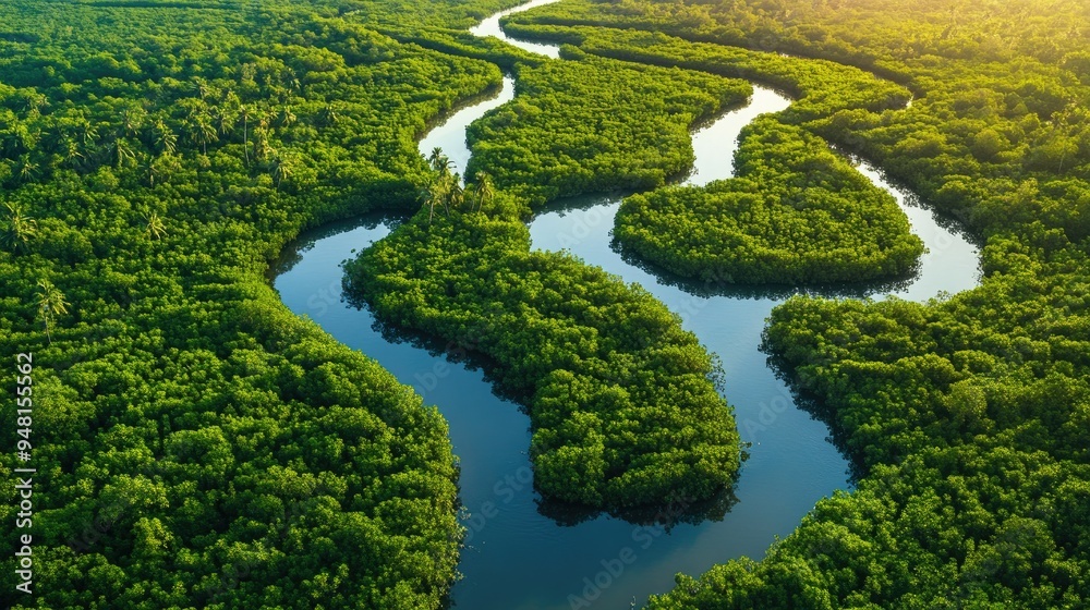 Lush Southeast Asian mangrove forest with winding waterways, natural habitat, no people Lush Southeast Asian mangrove forest with winding waterways, natural habitat, no people