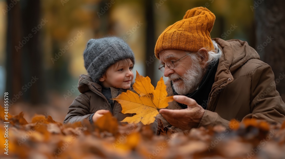 grandpa and nephew boy at autumn park with fallen leaves on ground grandpa and nephew boy at autumn park with fallen leaves on ground