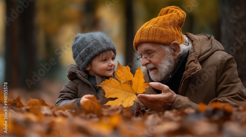grandpa and nephew boy at autumn park with fallen leaves on ground