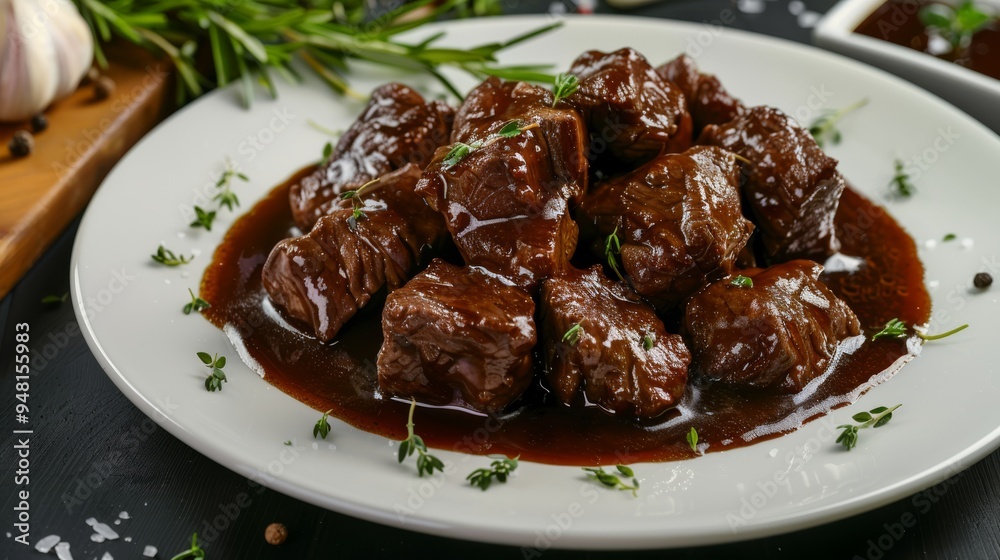 Succulent beef chunks marinated in a rich sauce, arranged on a white plate with a glossy finish. Succulent beef chunks marinated in a rich sauce, arranged on a white plate with a glossy finish.