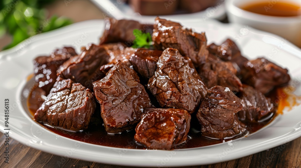 Succulent beef chunks marinated in a rich sauce, arranged on a white plate with a glossy finish. Succulent beef chunks marinated in a rich sauce, arranged on a white plate with a glossy finish.