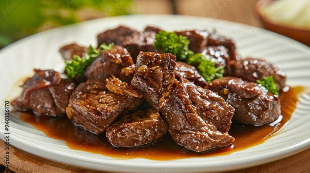 Succulent beef chunks marinated in a rich sauce, arranged on a white plate with a glossy finish. Succulent beef chunks marinated in a rich sauce, arranged on a white plate with a glossy finish.