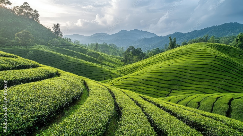Lush Southeast Asian tea plantation with rolling hills and neatly arranged tea bushes, no people Lush Southeast Asian tea plantation with rolling hills and neatly arranged tea bushes, no people