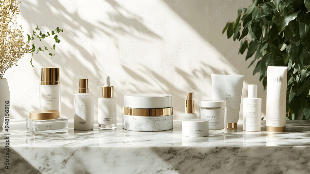 Collection of high-quality skincare products on marble countertop Collection of high-quality skincare products on marble countertop