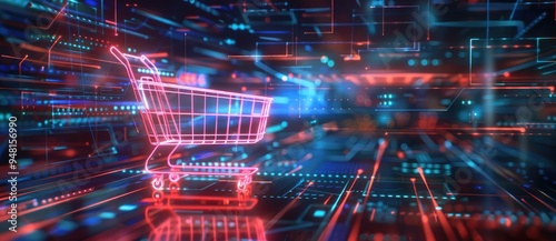 Digital hologram of shopping cart icon on abstract digital background with data and cyber network, online business concept