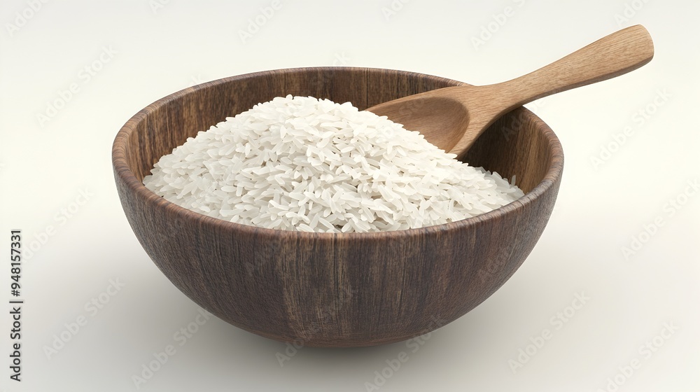 Organic Rice in Wooden Bowl with Spoon,3D of Healthy,Natural Cuisine Organic Rice in Wooden Bowl with Spoon,3D of Healthy,Natural Cuisine
