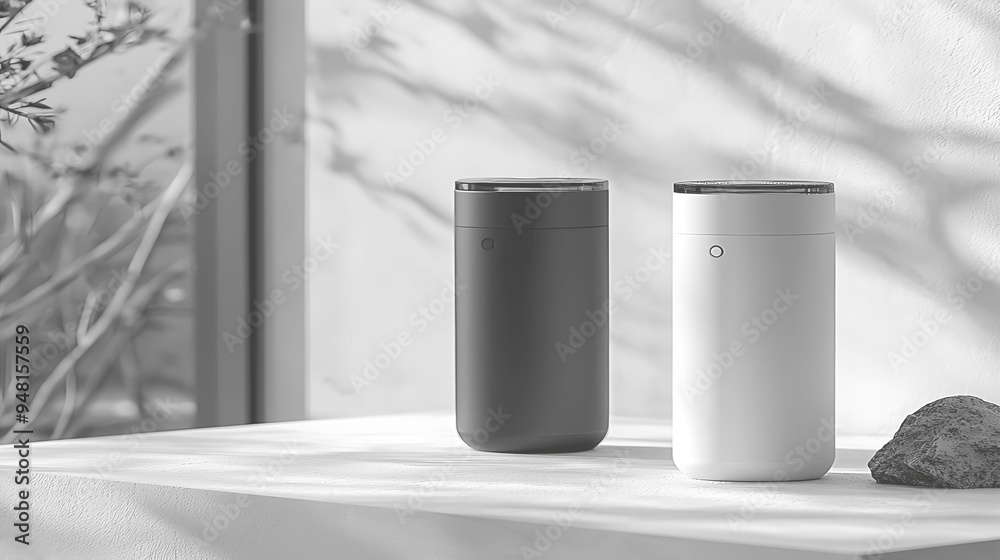 Minimalist product photography showcases black and white tumblers with shadows, creating a sleek and stylish visual. Minimalist product photography showcases black and white tumblers with shadows, creating a sleek and stylish visual.