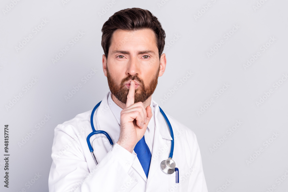Photo of professional qualified doctor show shush gesture empty space wear white coat isolated on grey color background Photo of professional qualified doctor show shush gesture empty space wear white coat isolated on grey color background