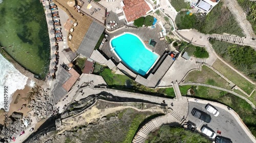 Azenhas do Mar -A bird s eye view of a natural pool on a rocky coastline with turquoise waves crashing on the shore coastallife naturalpool oceanviews aerialphotography photo