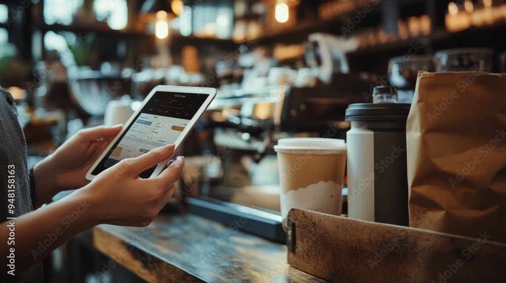 Coffee shop owner uses tablet for online menu, inventory management, and social media networking to enhance customer experience and boost business efficiency. Coffee shop owner uses tablet for online menu, inventory management, and social media networking to enhance customer experience and boost business efficiency.