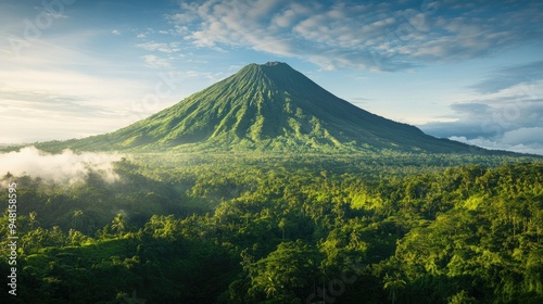 Majestic Southeast Asian volcano with a lush green base, towering over the landscape