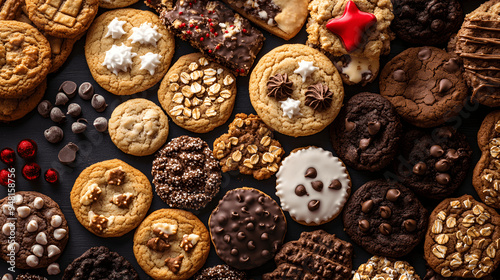 Overhead view of assorted cookies including chocolate chip, oatmeal, and gingerbread