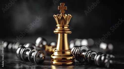 Dominant Leader and Strategic Planning: A powerful gold-colored chess king stands victoriously amidst fallen silver chess pieces, symbolizing conflict, cunning strategy, and political power dynamics.