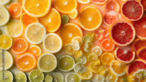 Overhead view of assorted citrus fruits including oranges, lemons, limes, and grapefruits