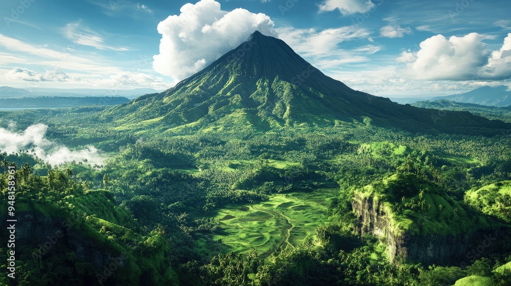Obraz premium Majestic Southeast Asian volcano with a lush green base, towering over the landscape