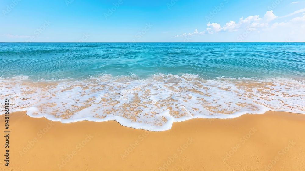 A serene beach landscape showcasing soft waves lapping at golden sand under a bright blue sky, perfect for relaxation and tranquility. A serene beach landscape showcasing soft waves lapping at golden sand under a bright blue sky, perfect for relaxation and tranquility.