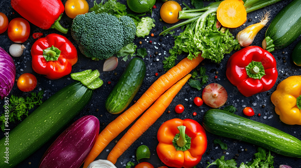 Overhead view of assorted vegetables including carrots, broccoli, bell peppers, and zucchini Overhead view of assorted vegetables including carrots, broccoli, bell peppers, and zucchini