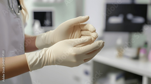 Cosmetic surgeon putting on sterile surgical gloves for procedure