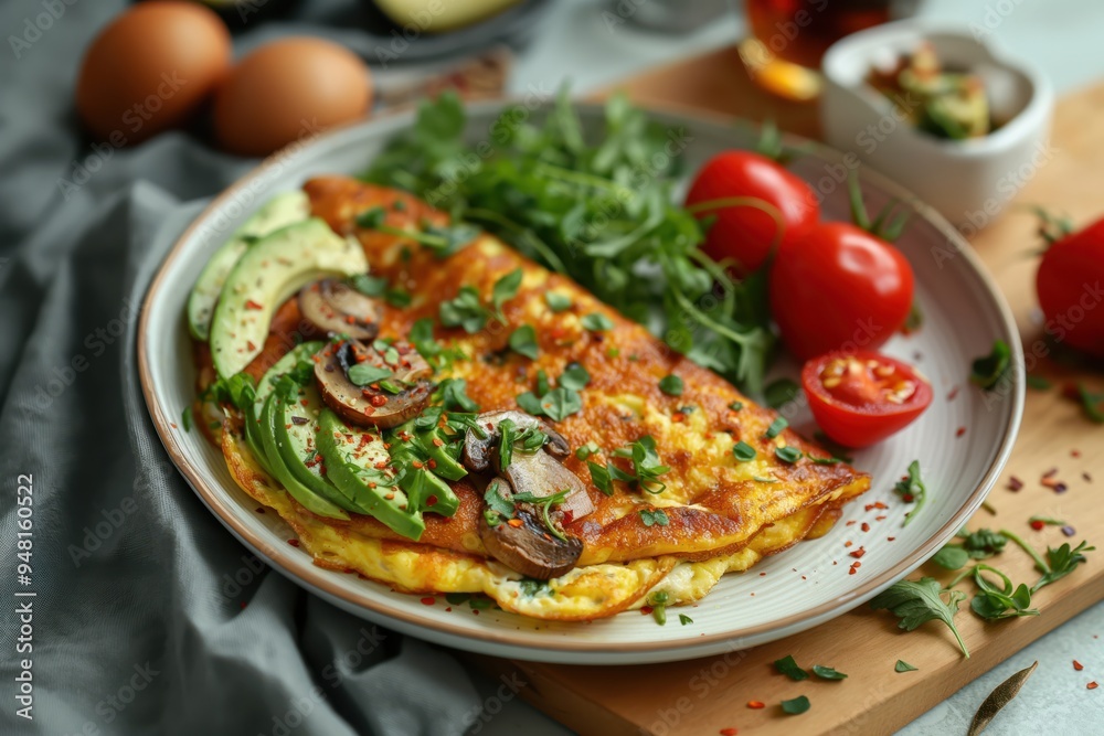 Delicious omelette with avocado, mushrooms, and fresh greens on a white plate Delicious omelette with avocado, mushrooms, and fresh greens on a white plate