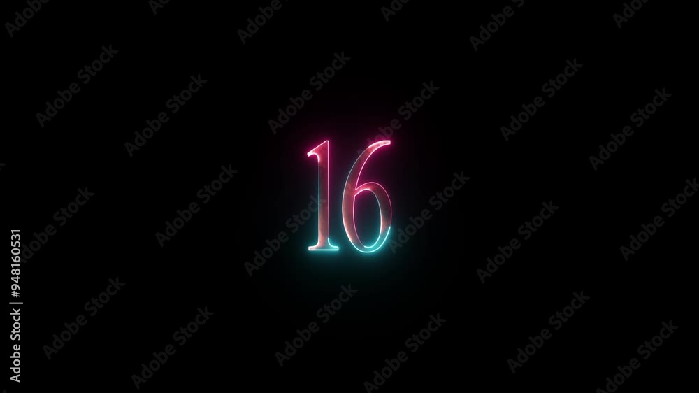 Number 16 glowing on the dark background.3d render, number twelve glowing in the dark, pink blue neon light. Number 16 glowing on the dark background.3d render, number twelve glowing in the dark, pink blue neon light.