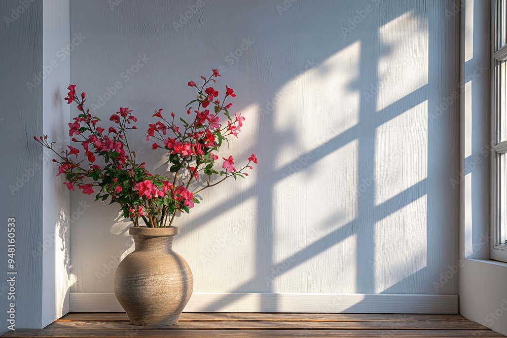 Beautiful floral arrangement in ceramic vase with sunlight shadows Beautiful floral arrangement in ceramic vase with sunlight shadows